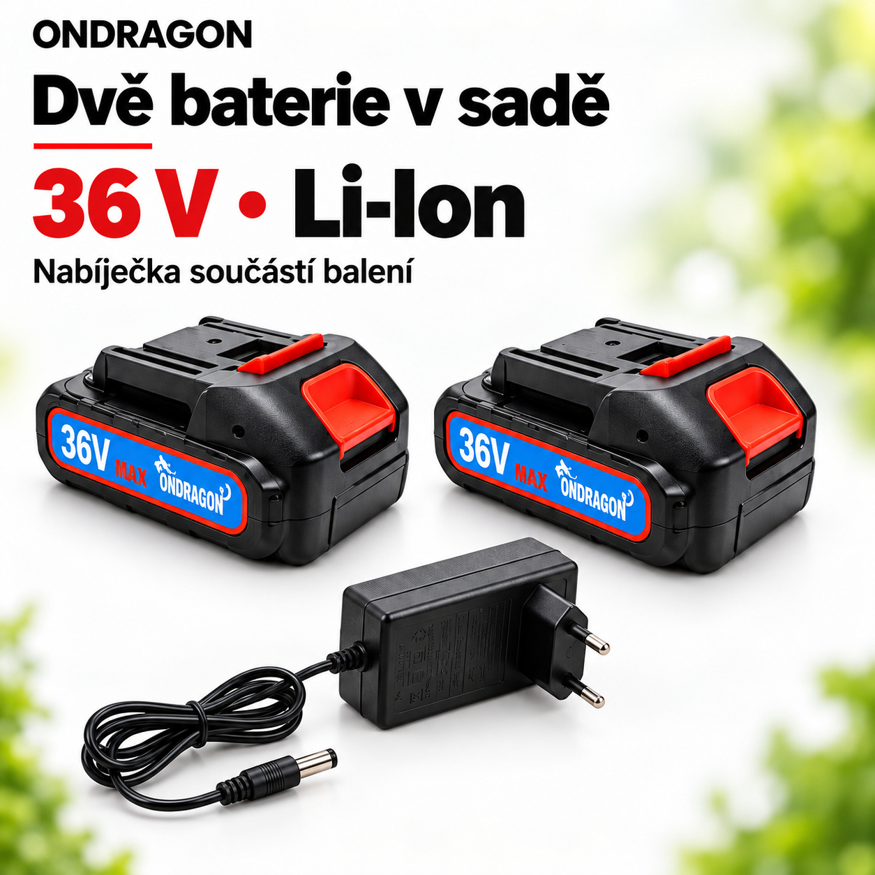 Dvě baterie 36 V Li-Ion a nabíječka v sadě