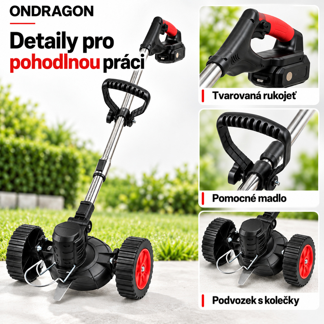Konstrukce ONDRAGON – rukojeť, pomocné madlo a podvozek s kolečky