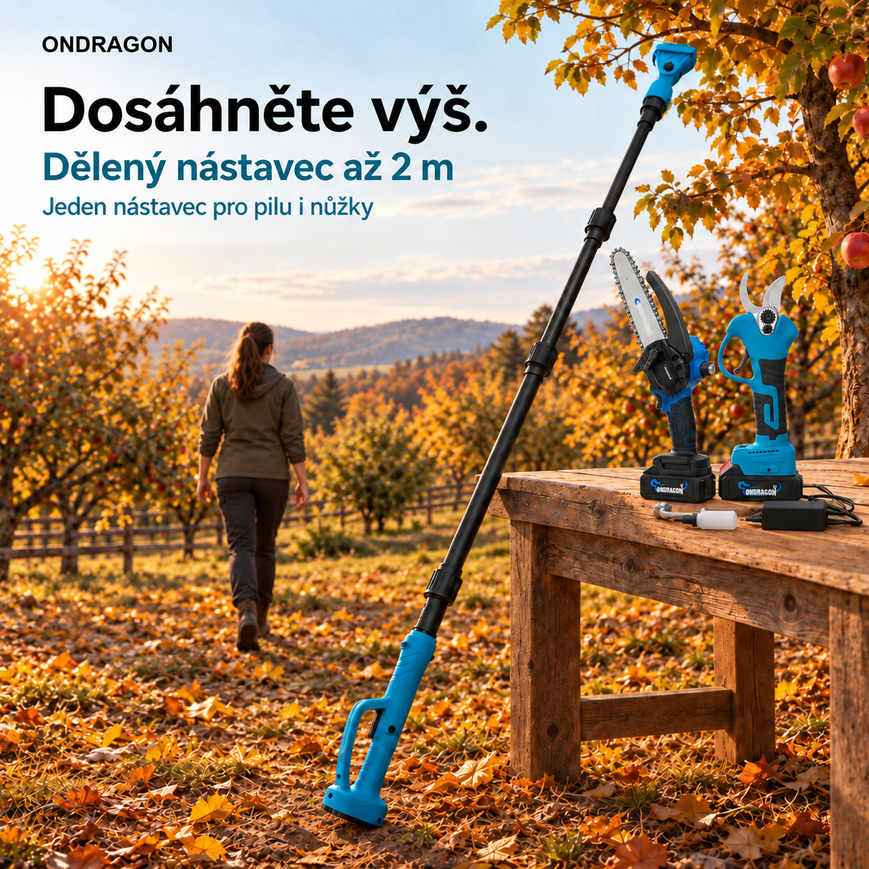 Sestavený nástavec ONDRAGON opřený o zahradní stůl s pilou, nůžkami a příslušenstvím