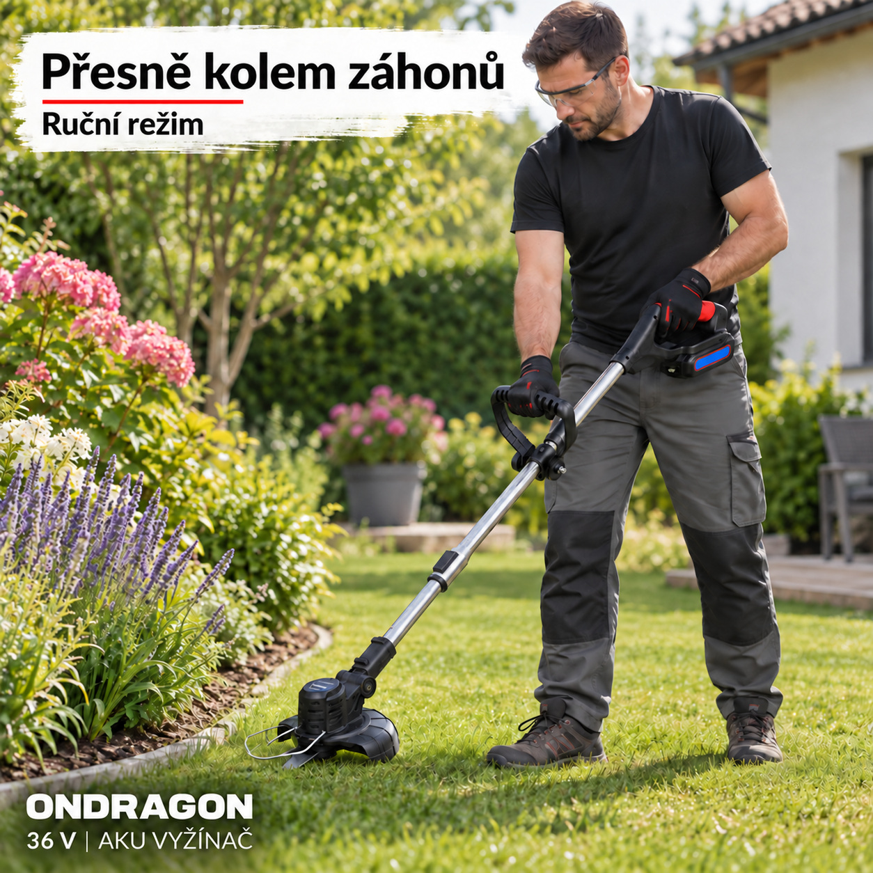 Použití ONDRAGON při dosekávání trávy kolem záhonu