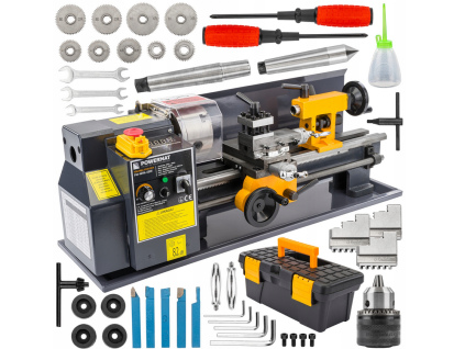 Powermat PM-MTM-550T – Mini stolní soustruh na kov 550 W, 0–2500 ot/min + příslušenství