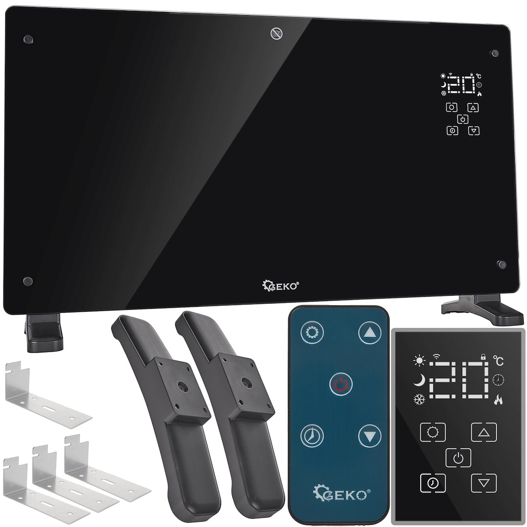Konvektory skleněné černé s LCD displejem, ovladačem a Wi-Fi – 2500 W – Geko – EAN: 5901477191657 –: 24 měsíců — Štíhlý design
