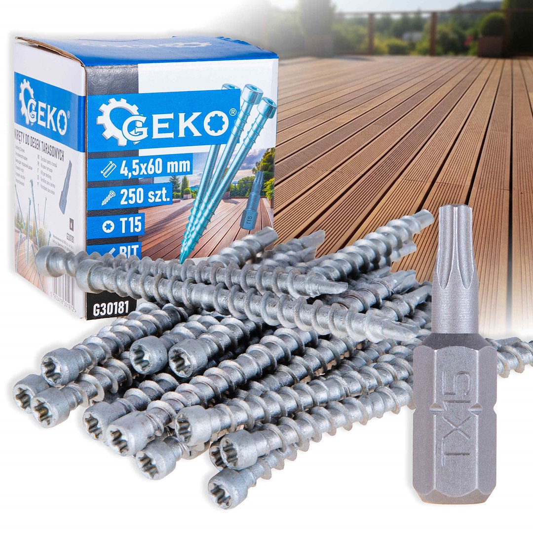 Šrouby pro desky terasové 4,5 mm x 60 mm + bit T15 Geko — Celkový pohled na šroub