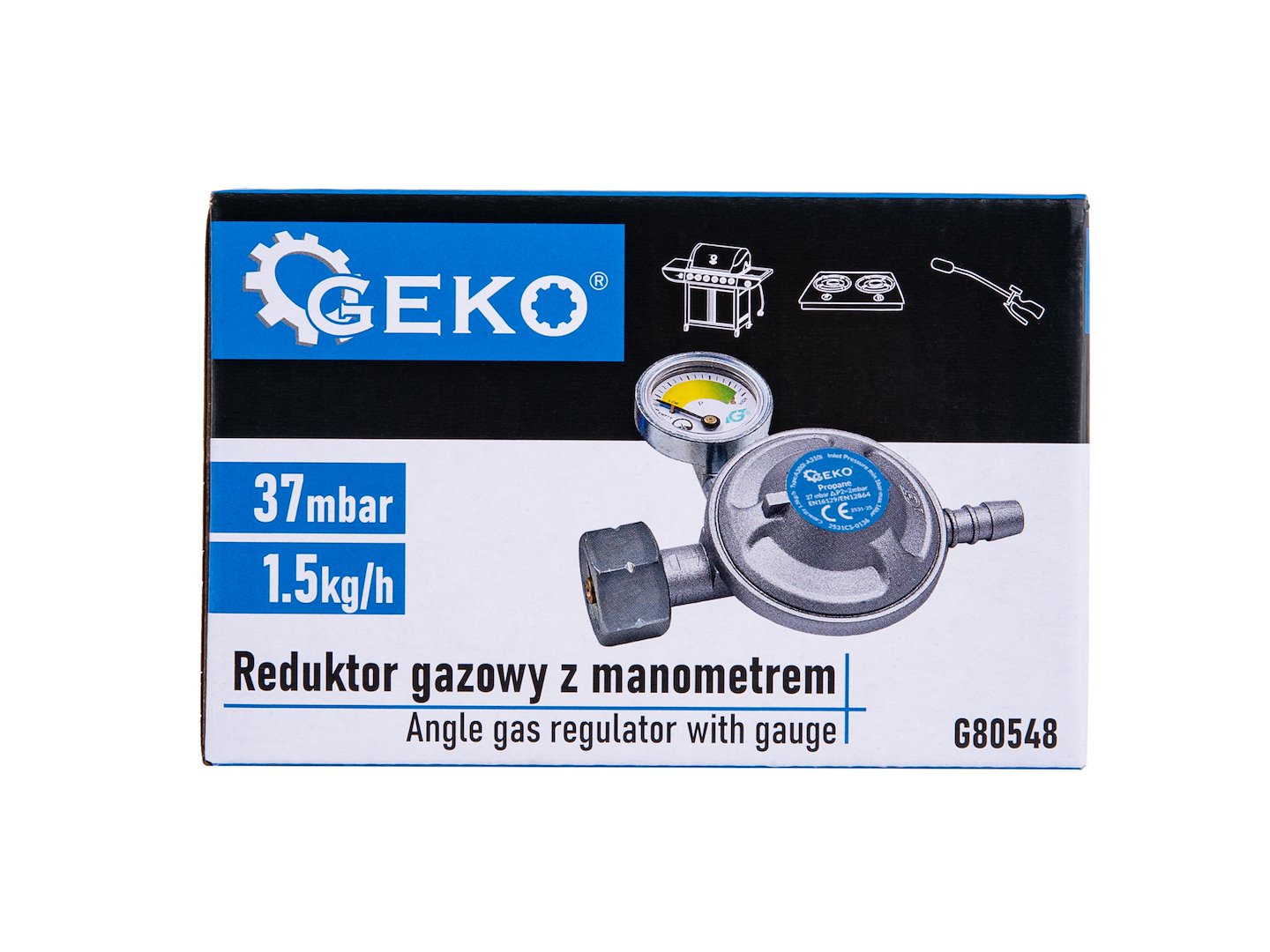 Plynový redukční ventil Geko s manometrem 37 mbar 1,5 kg/h — Detail manometru
