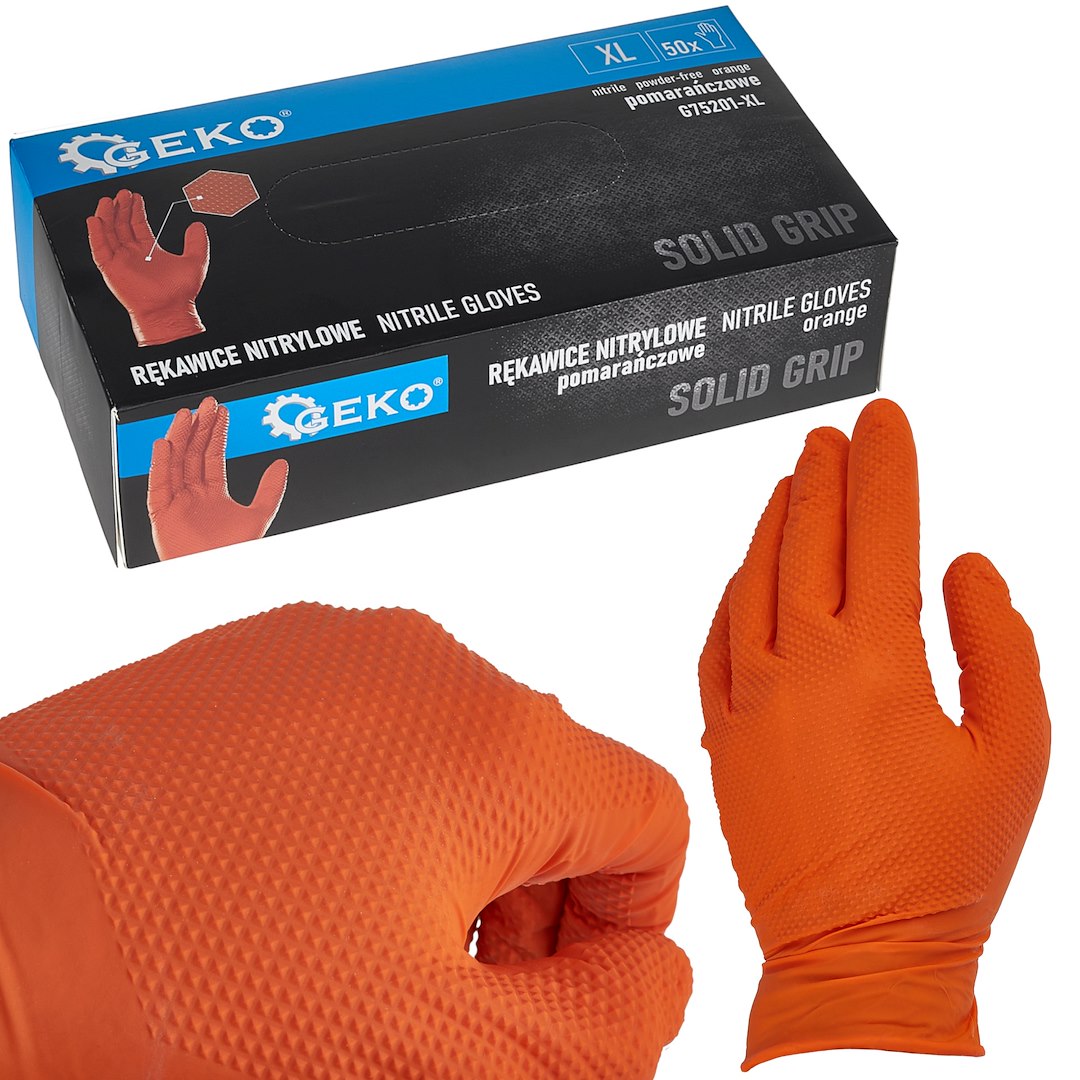 Nitrilové rukavice Geko Solid Grip 50 ks Velikost XL Oranžové — Celkový pohled