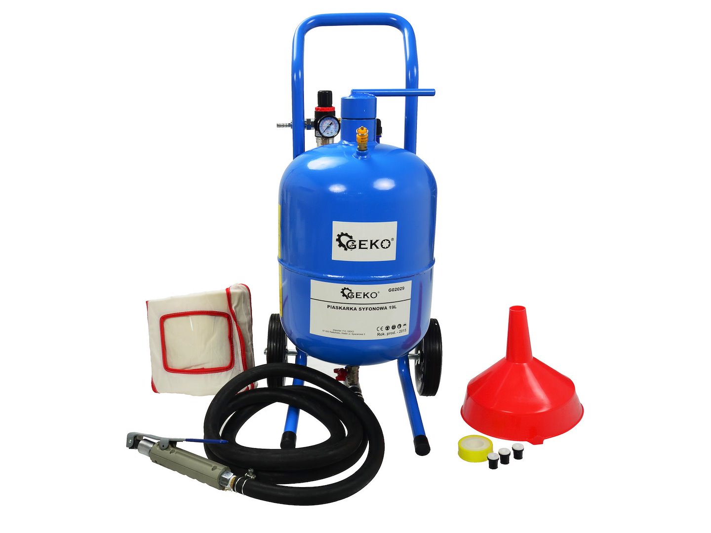 Mobilní pískovačka se sifonem 19 l Geko s pracovním tlakem 60–125 psi — Celkový pohled