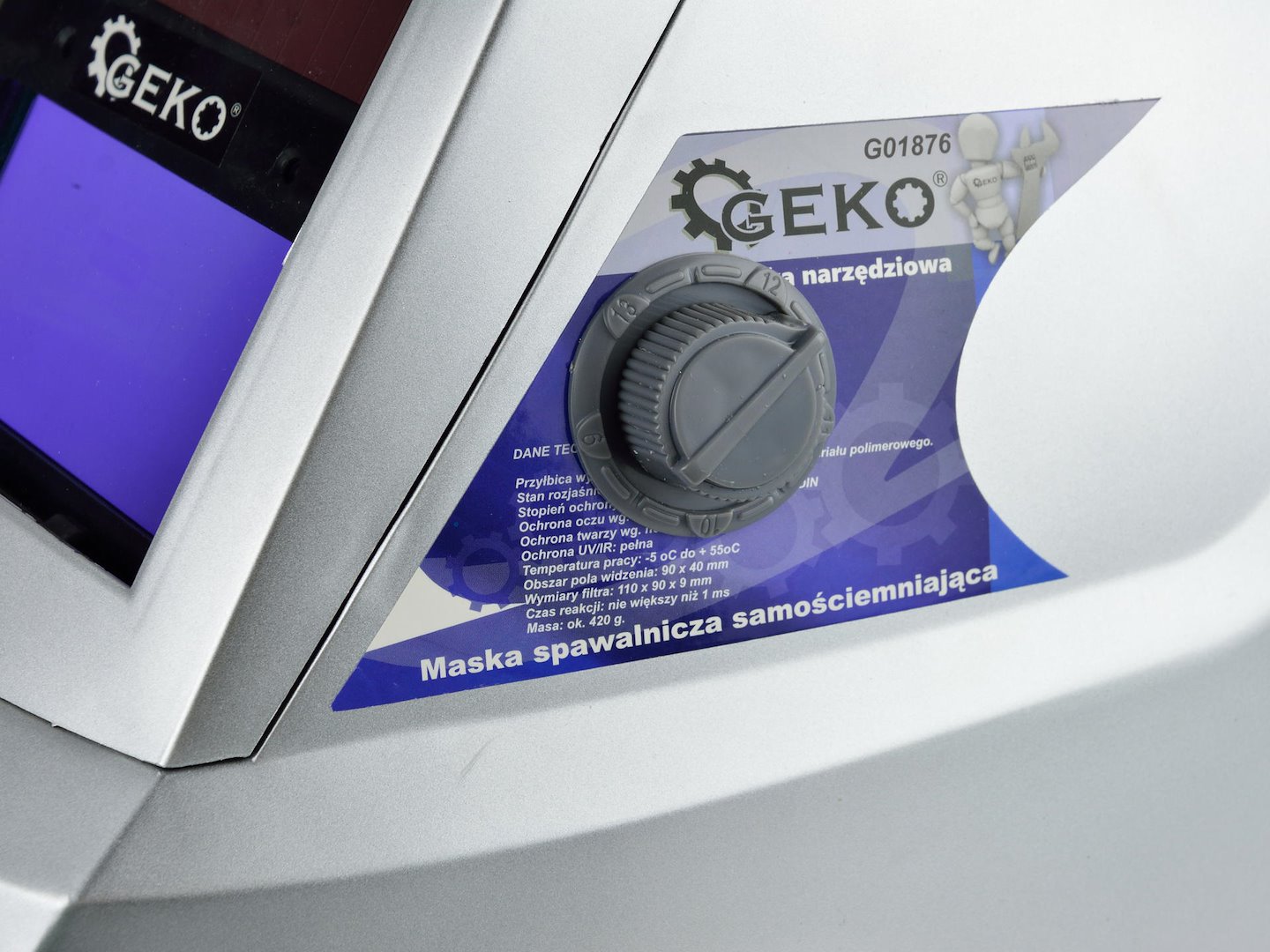Samostmívací svařovací maska Geko PROFI GREY pro MMA, MIG-MAG, TIG, filtr s automatickým tmavnutím, 92 × 42 mm — Celkový pohled